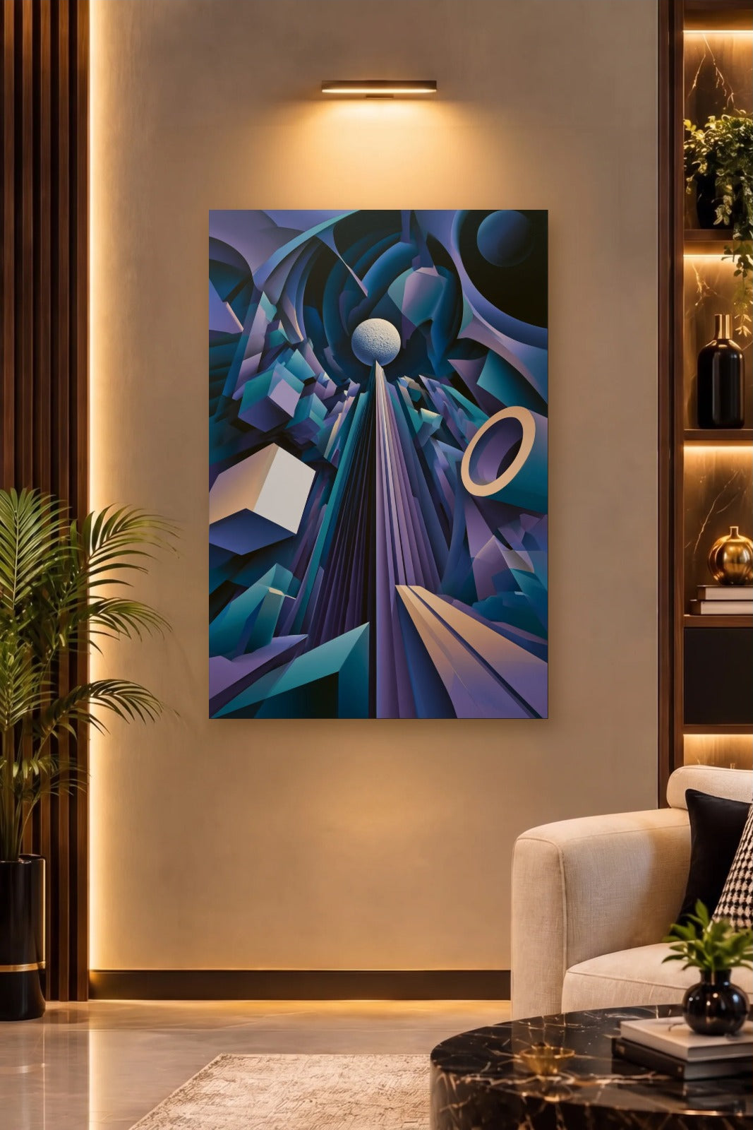 Geometric Abstraction Art acrylic wall art on a warm-lit luxury wall