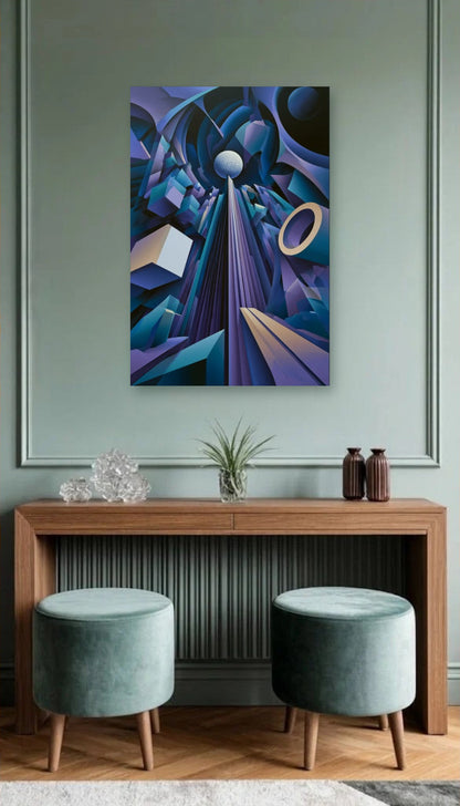 Geometric Abstraction Art acrylic wall art above a wooden console
