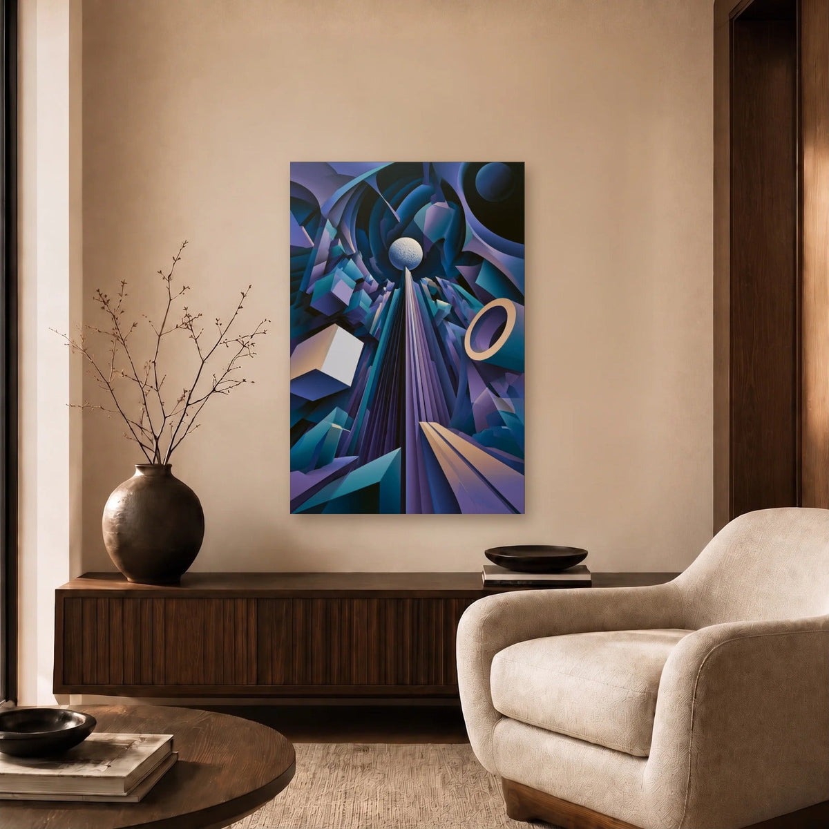 Geometric Abstraction Art acrylic wall art in a beige living room