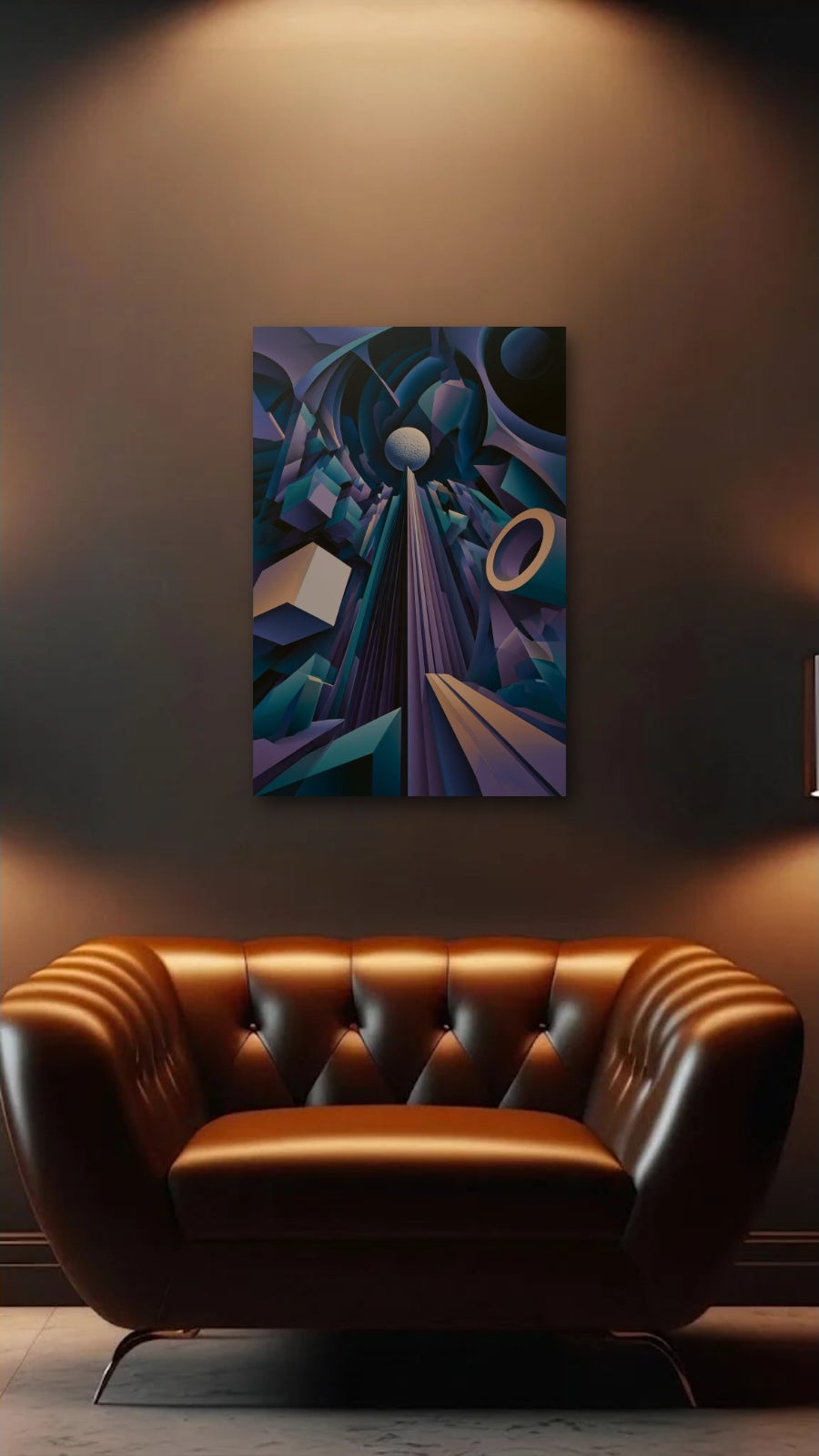 Geometric Abstraction Art acrylic wall art above a leather armchair