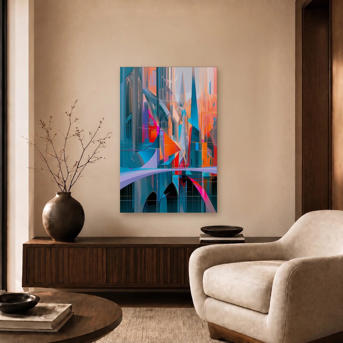 Geometric Abstraction Art acrylic wall art in a beige living room