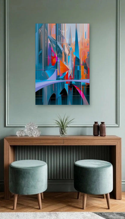 Geometric Abstraction Art acrylic wall art above a wooden console