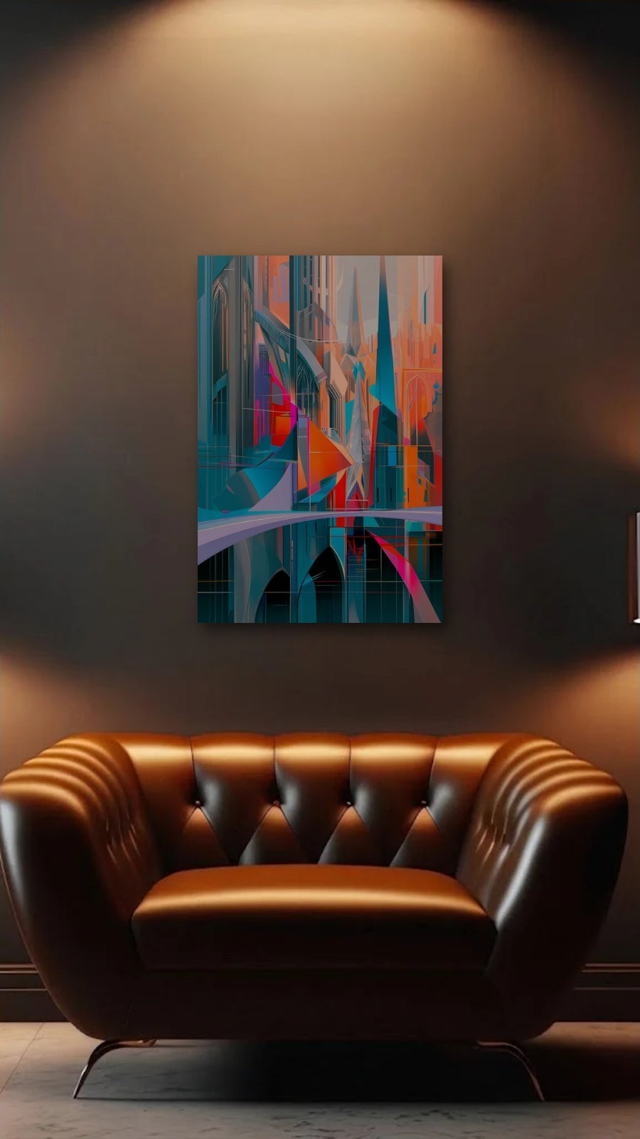Geometric Abstraction Art acrylic wall art above a leather armchair