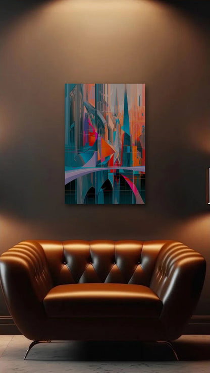 Geometric Abstraction Art acrylic wall art above a leather armchair