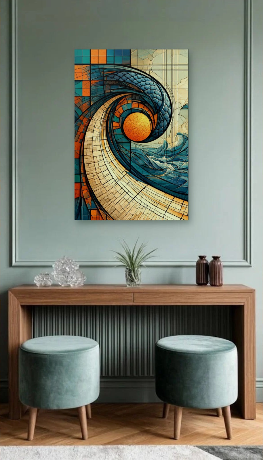 Geometric Abstraction Art acrylic wall art above a wooden console