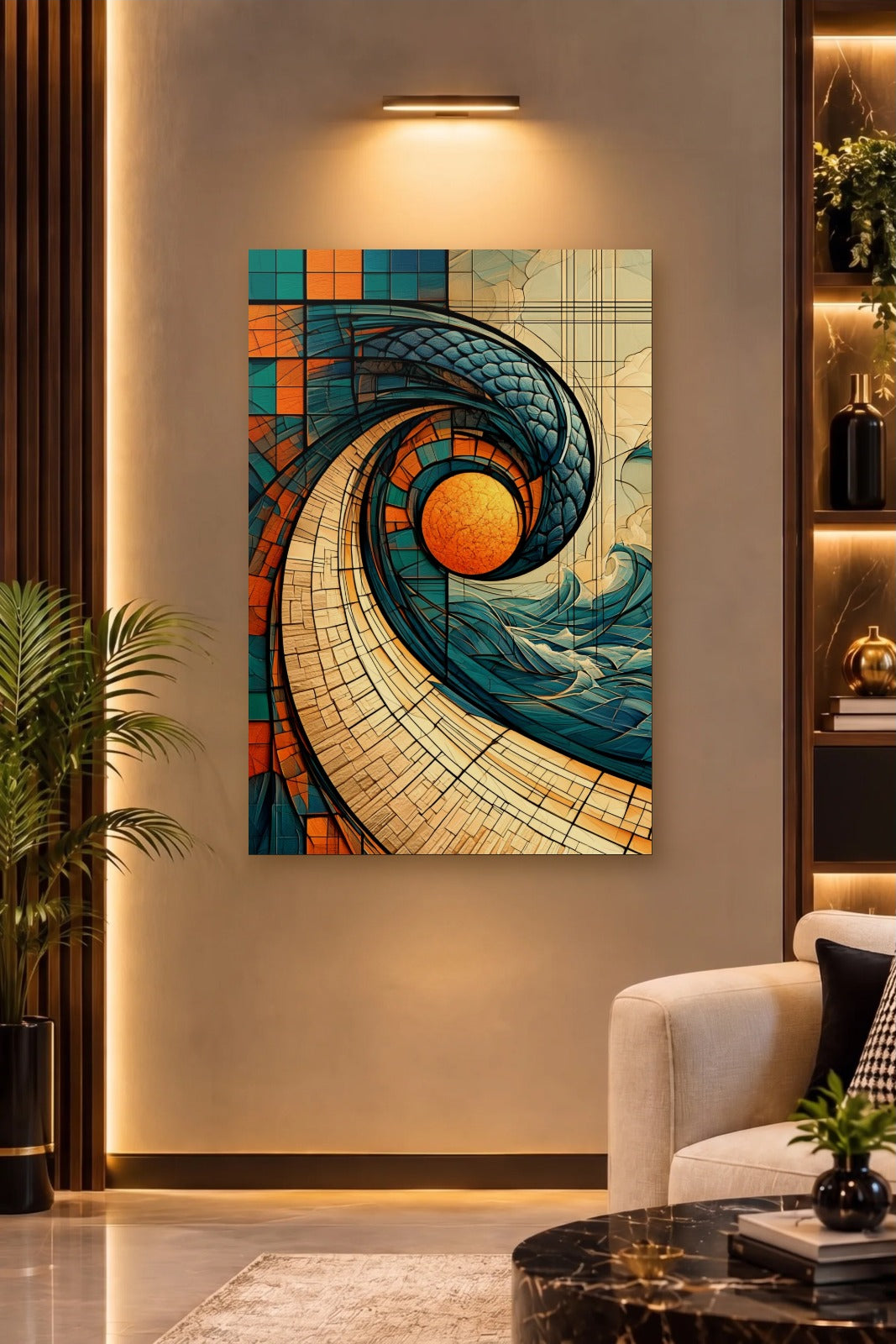 Geometric Abstraction Art acrylic wall art on a warm-lit luxury wall