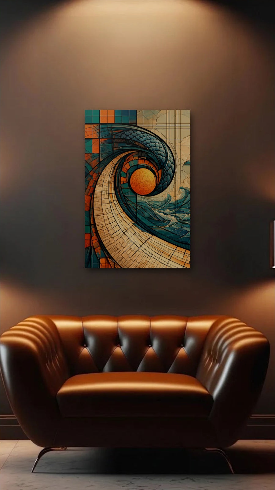Geometric Abstraction Art acrylic wall art above a leather armchair