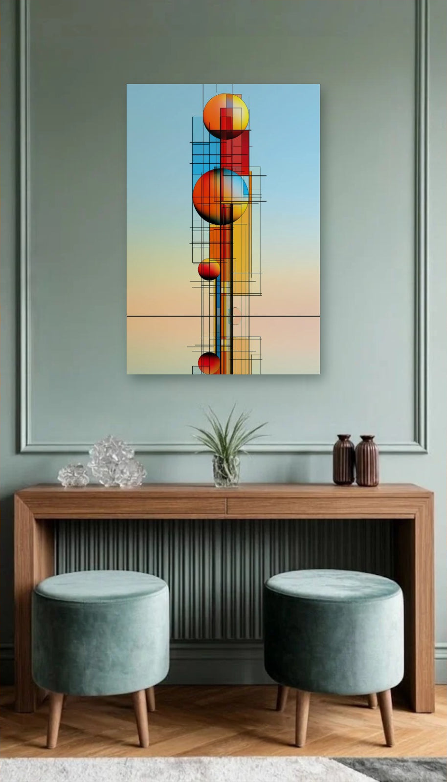 Geometric Abstraction Art acrylic wall art above a wooden console
