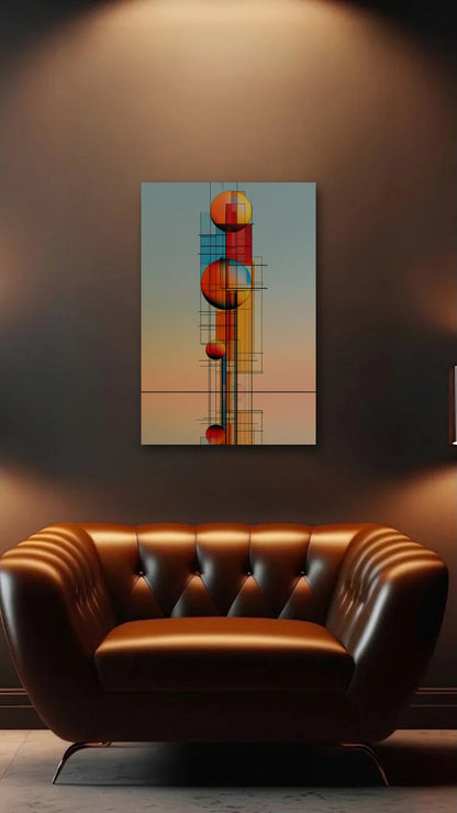 Geometric Abstraction Art acrylic wall art above a leather armchair