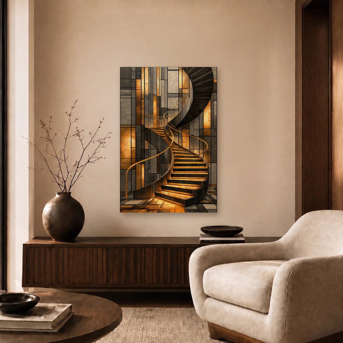 Geometric Abstraction Art acrylic wall art in a beige living room