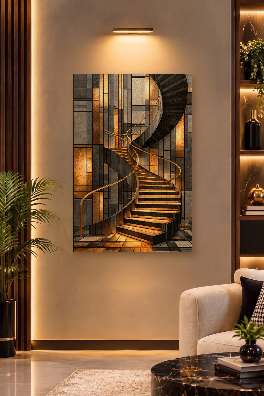 Geometric Abstraction Art acrylic wall art on a warm-lit luxury wall