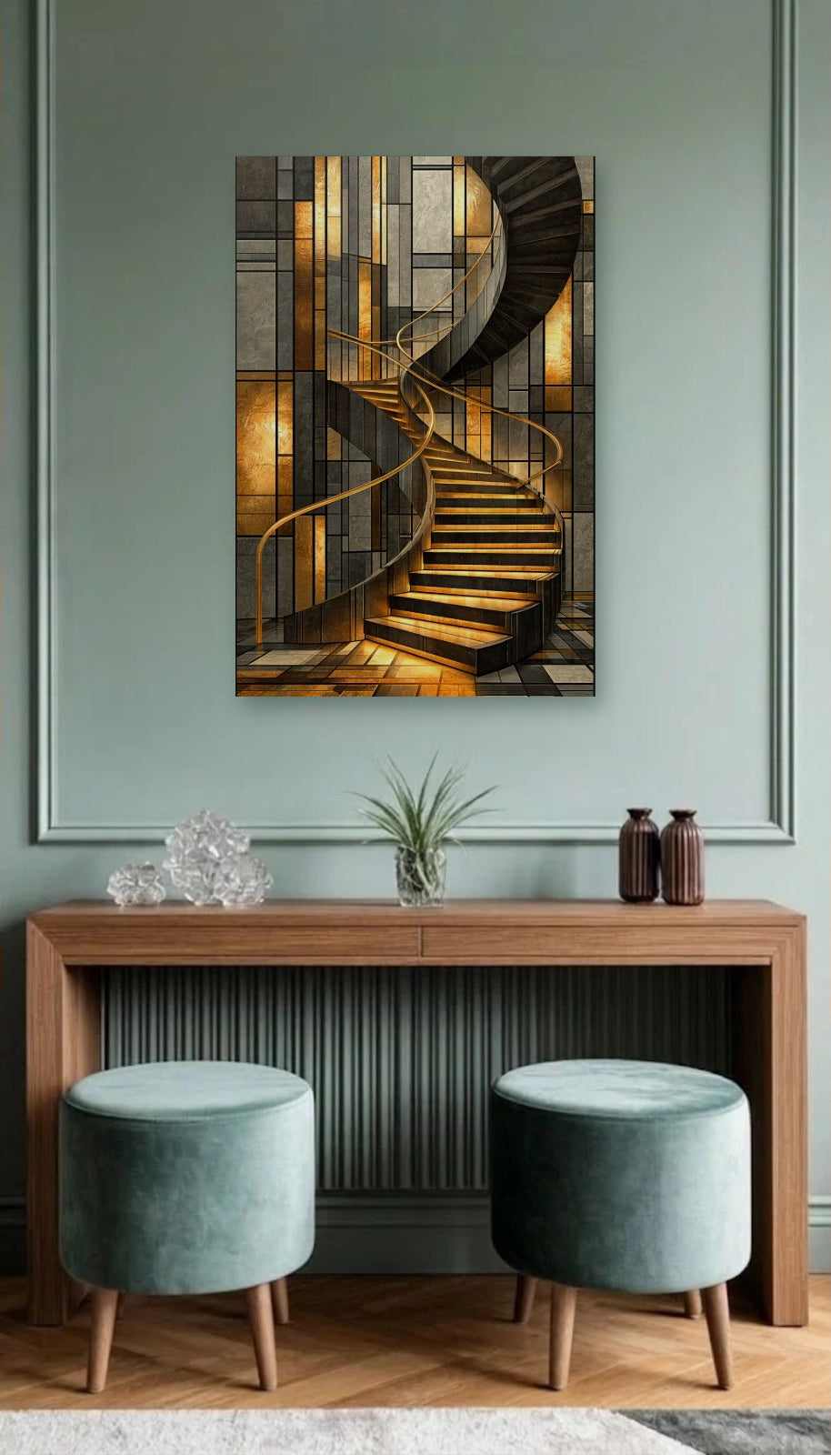 Geometric Abstraction Art acrylic wall art above a wooden console