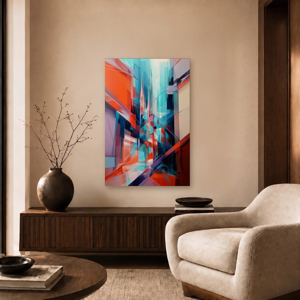Geometric Abstraction Art acrylic wall art in a beige living room