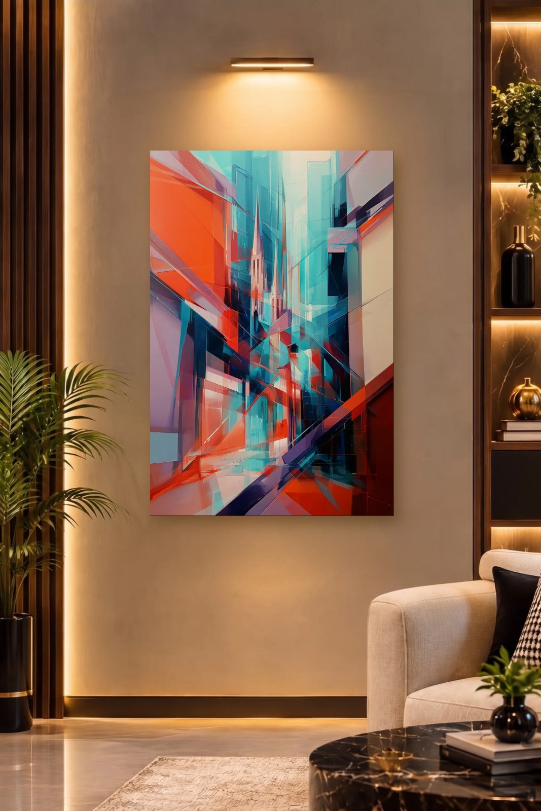 Geometric Abstraction Art acrylic wall art on a warm-lit luxury wall