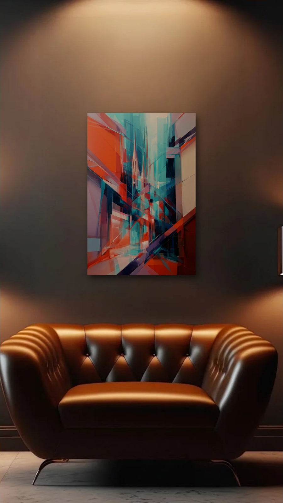 Geometric Abstraction Art acrylic wall art above a leather armchair