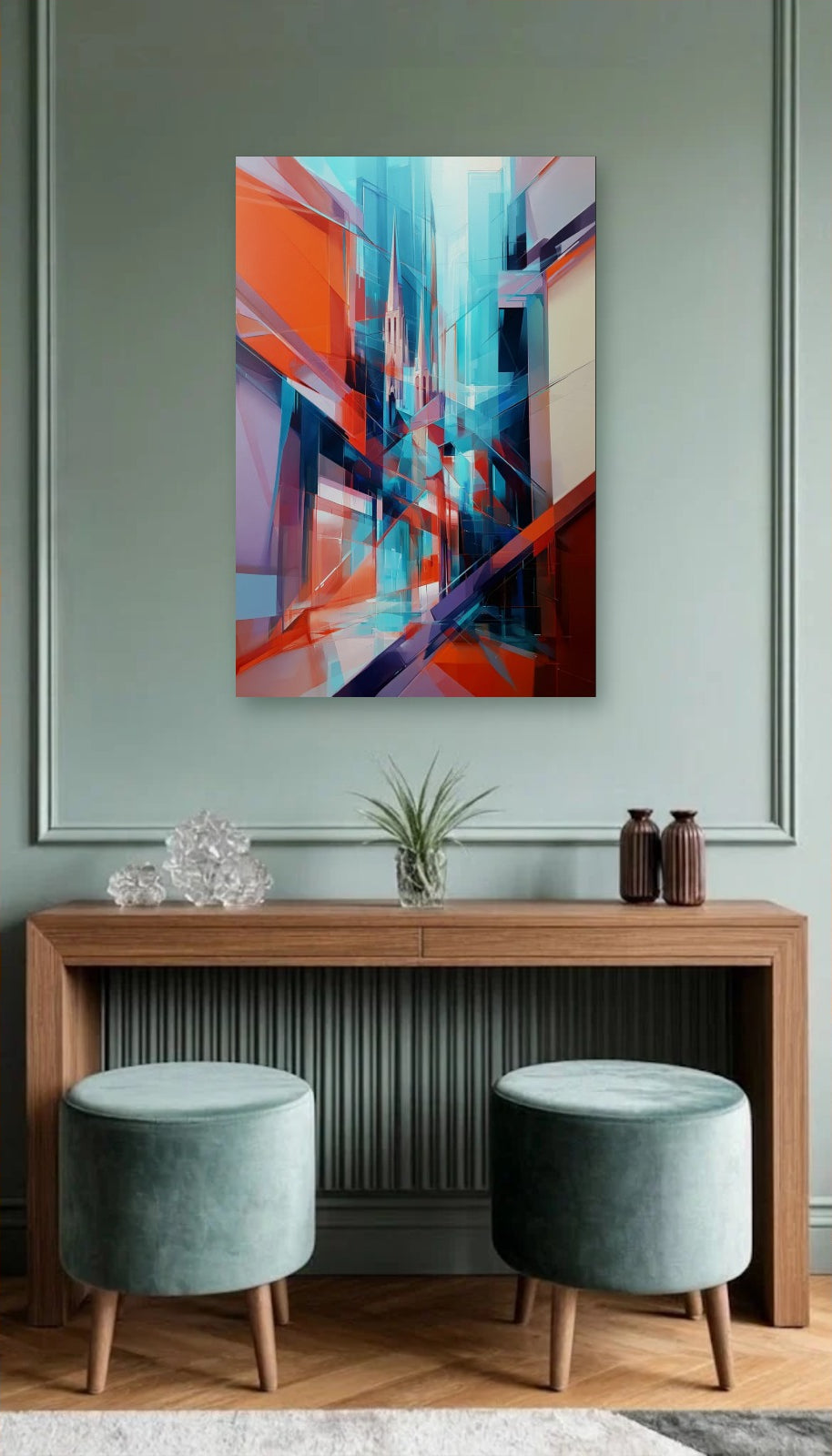 Geometric Abstraction Art acrylic wall art above a wooden console