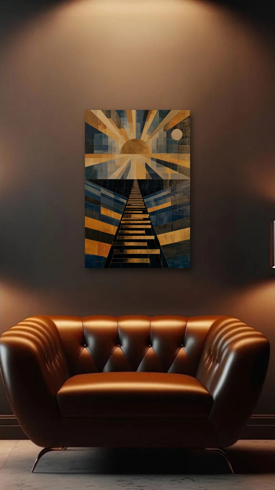 Geometric Abstraction Art acrylic wall art above a leather armchair