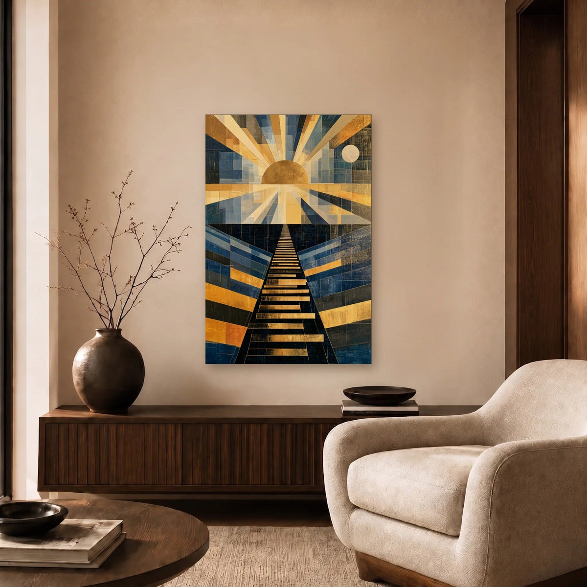 Geometric Abstraction Art acrylic wall art in a beige living room