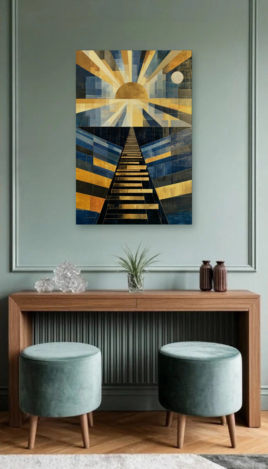 Geometric Abstraction Art acrylic wall art above a wooden console