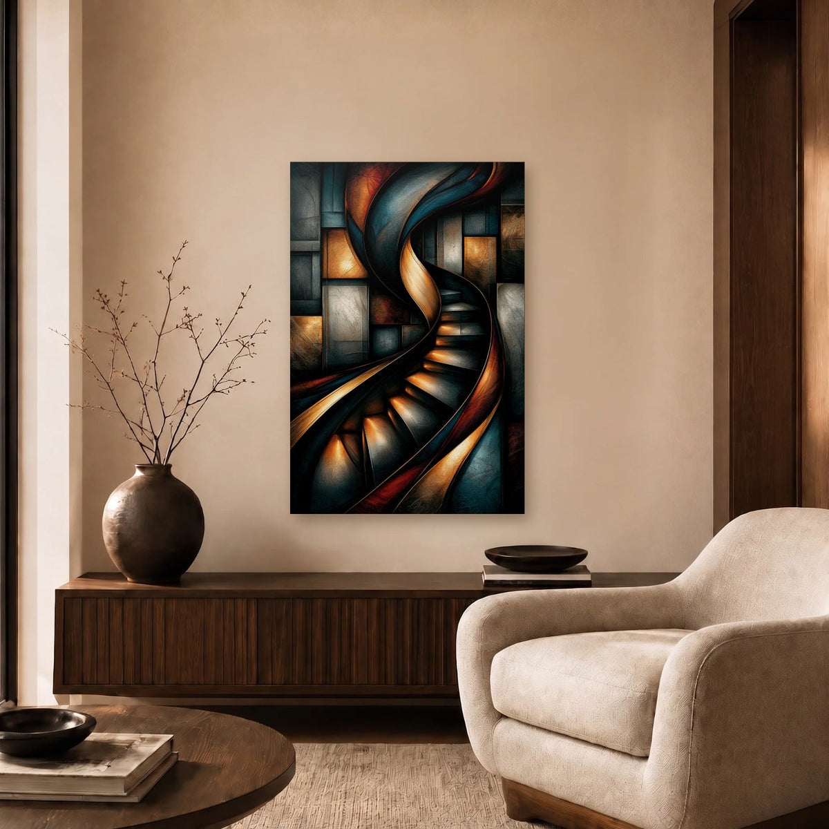Geometric Abstraction Art acrylic wall art in a beige living room