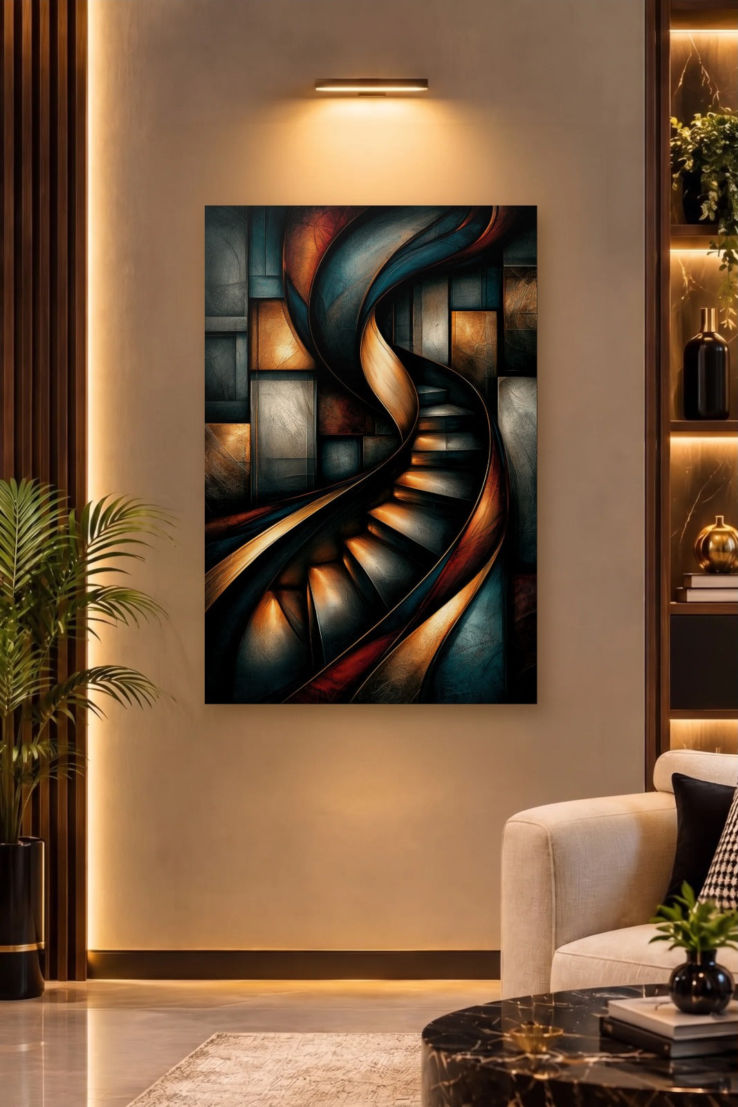 Geometric Abstraction Art acrylic wall art on a warm-lit luxury wall