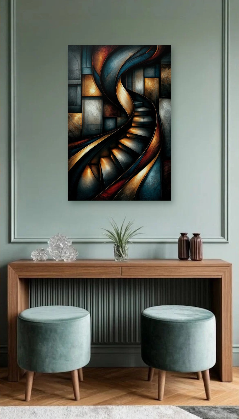 Geometric Abstraction Art acrylic wall art above a wooden console