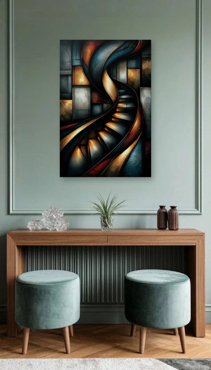 Geometric Abstraction Art acrylic wall art above a wooden console