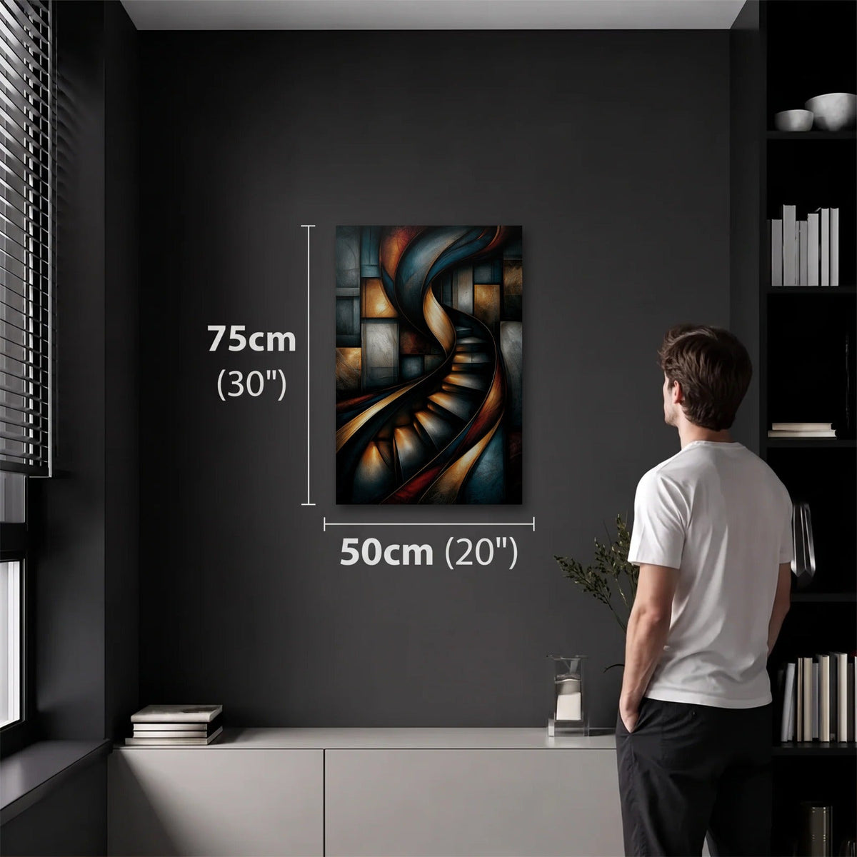 Geometric Abstraction Art 50x75 cm acrylic wall art in a dark modern room