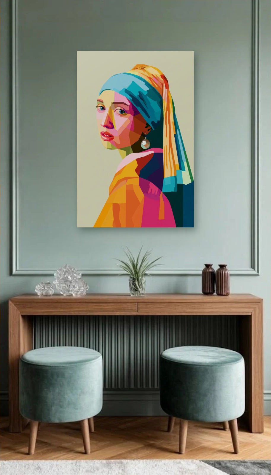 Luxury Art acrylic wall art above a wooden console