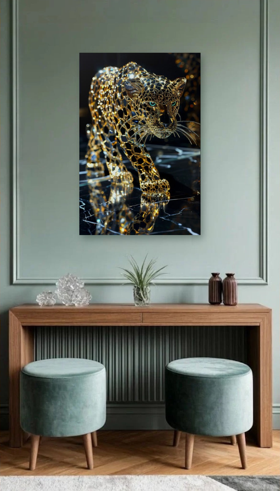 Luxury Art acrylic wall art above a wooden console