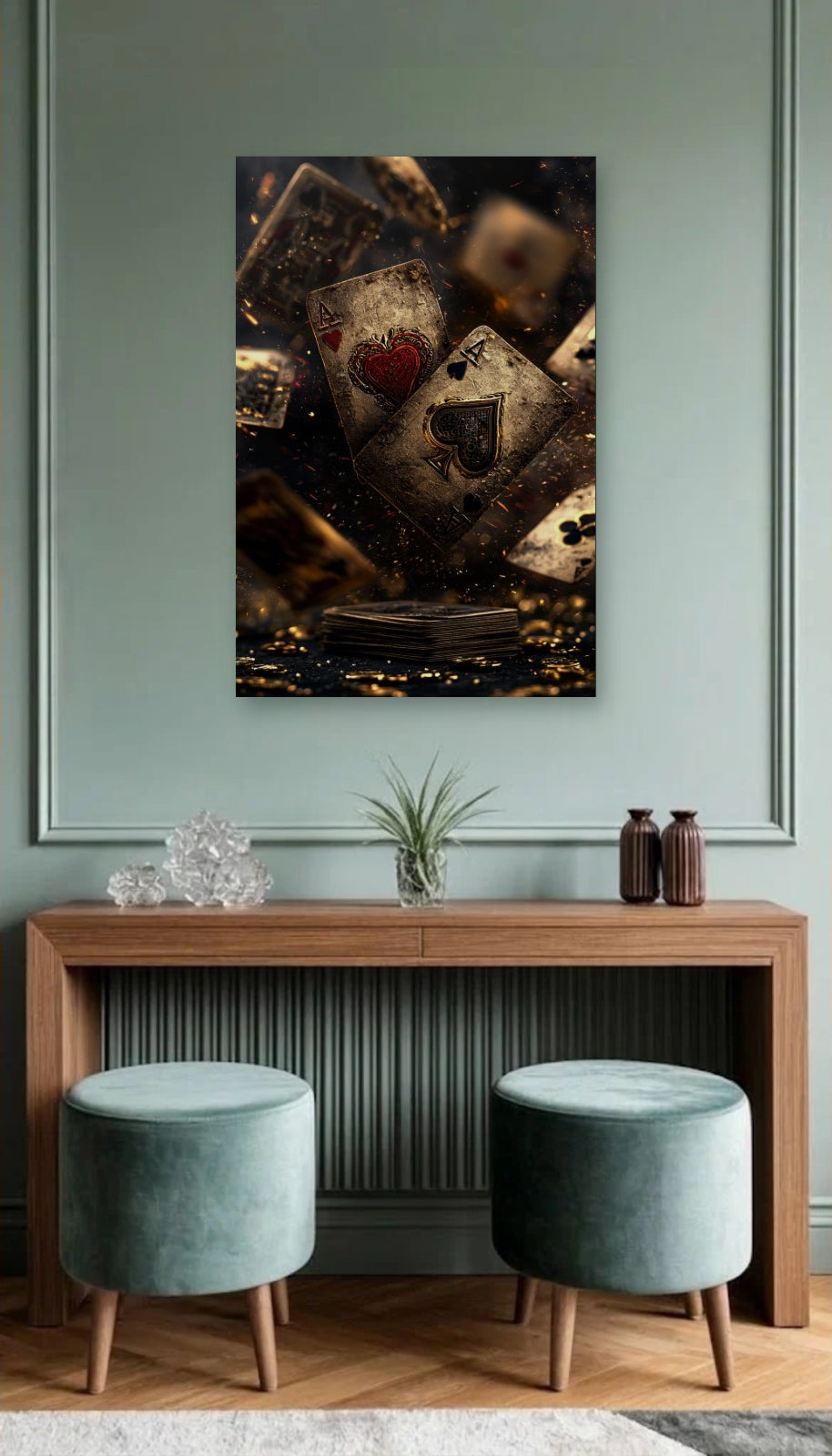 Luxury Art acrylic wall art above a wooden console