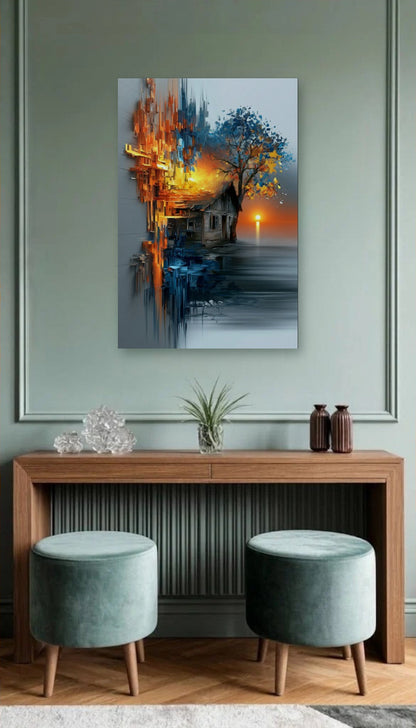 Abstract Art acrylic wall art above a wooden console