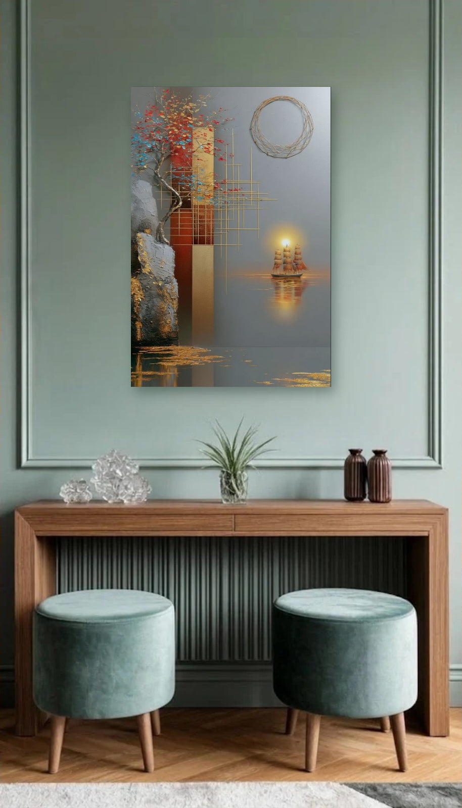 Luxury Art acrylic wall art above a wooden console