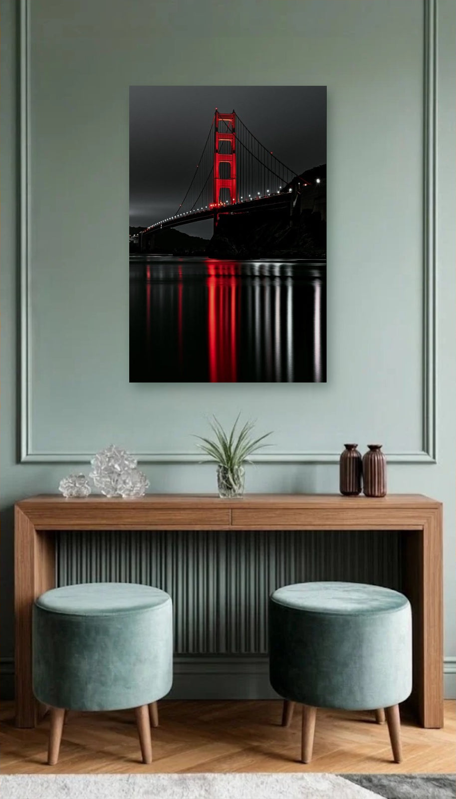 Luxury Art acrylic wall art above a wooden console