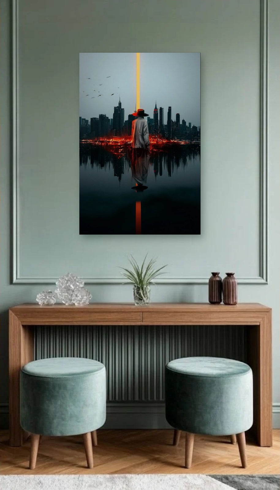 Luxury Art acrylic wall art above a wooden console