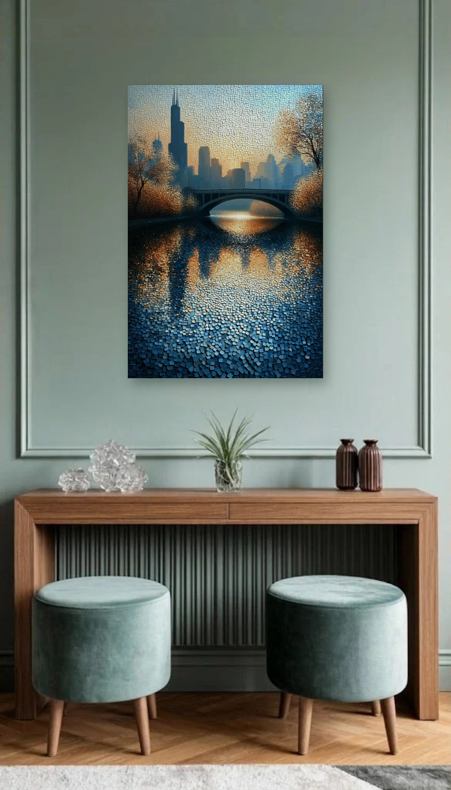 Abstract Art acrylic wall art above a wooden console