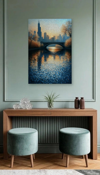 Abstract Art acrylic wall art above a wooden console