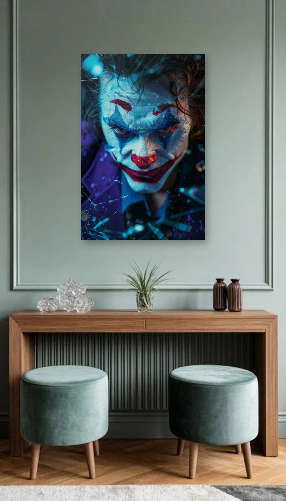 Cinematic Art acrylic wall art above a wooden console