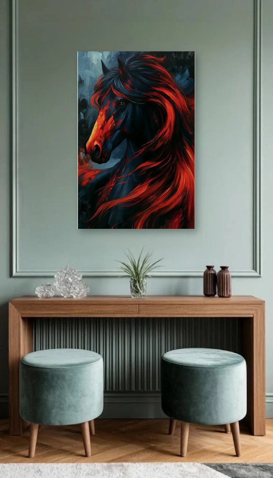 Wild Art acrylic wall art above a wooden console