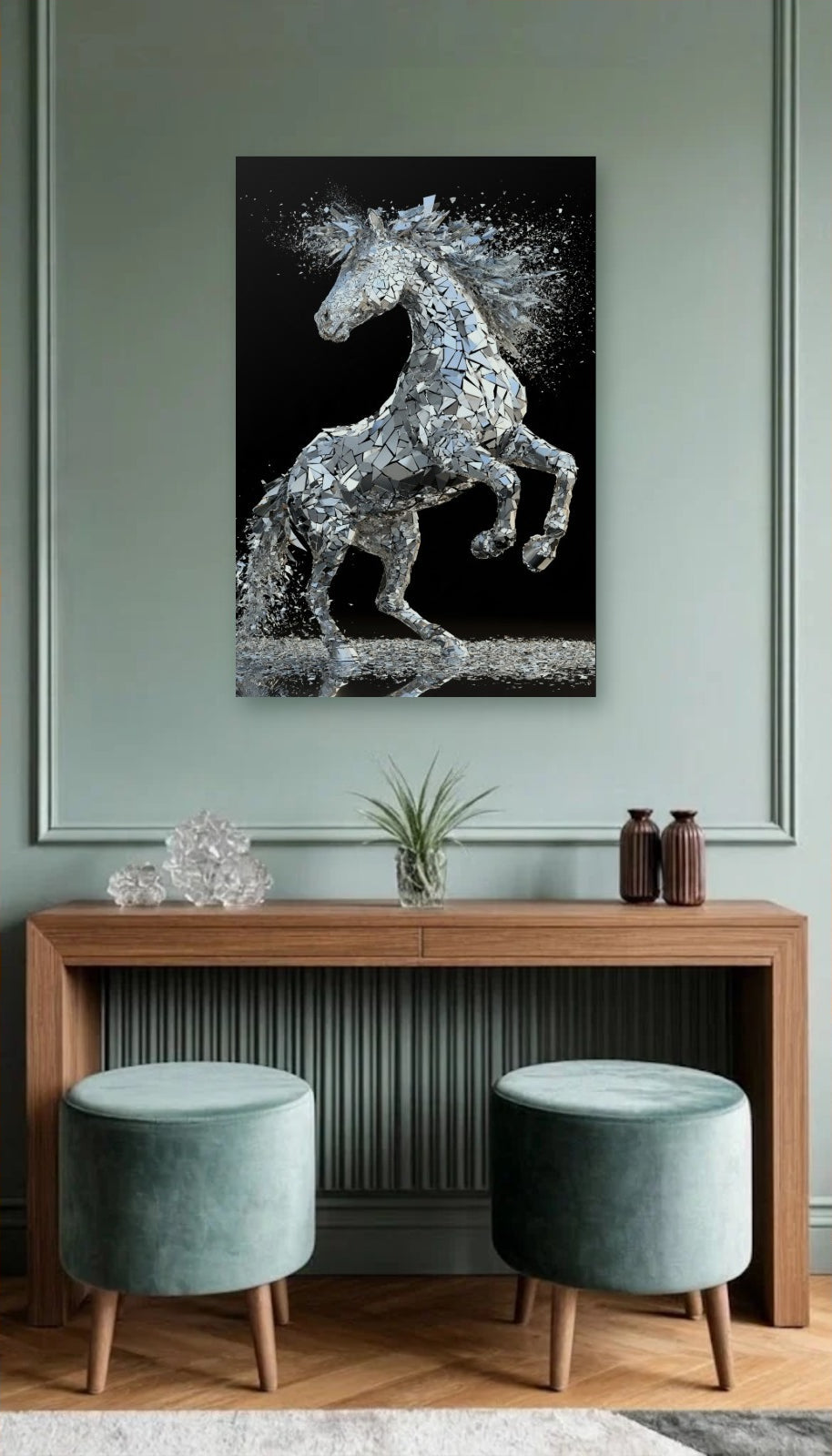 Wild Art acrylic wall art above a wooden console