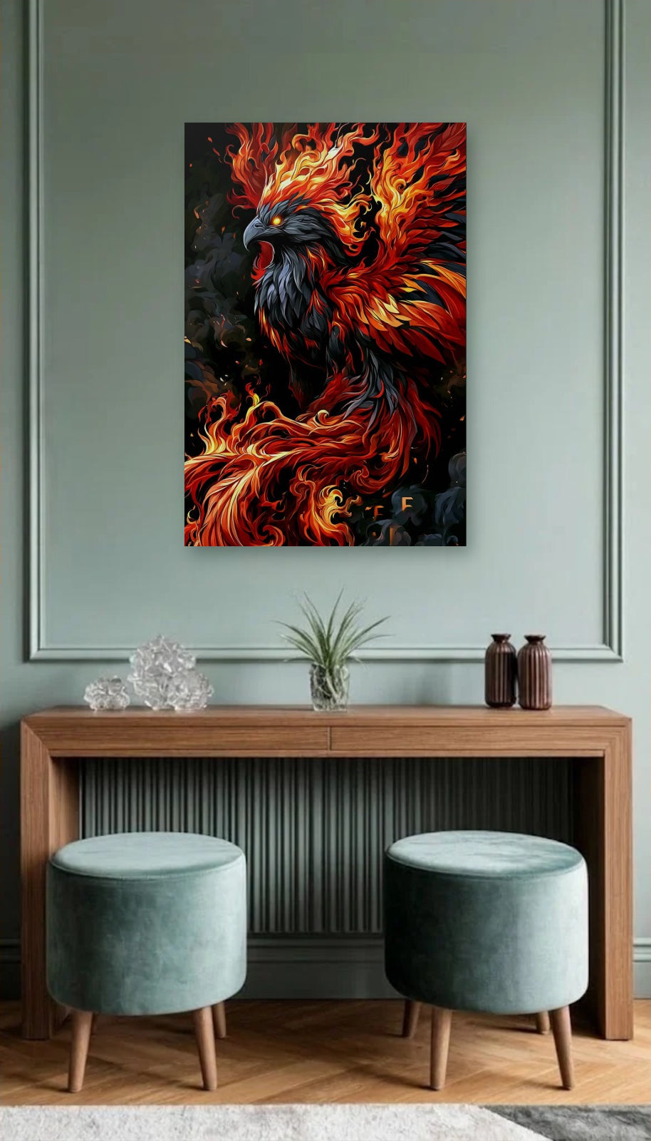 Wild Art acrylic wall art above a wooden console