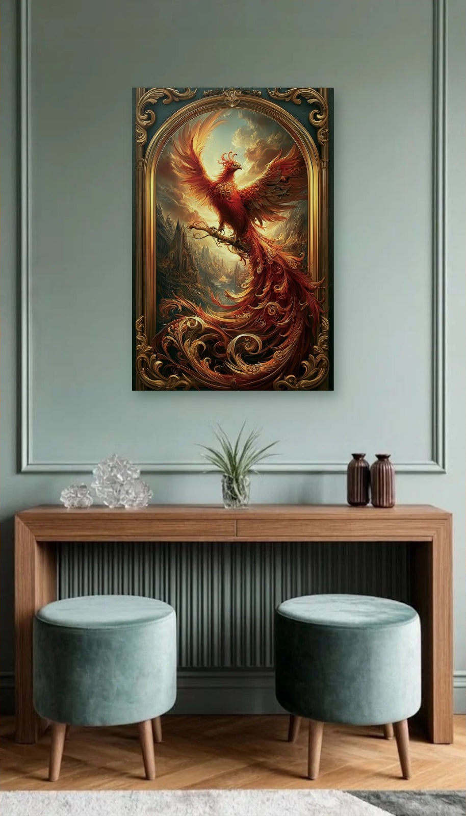 Wild Art acrylic wall art above a wooden console