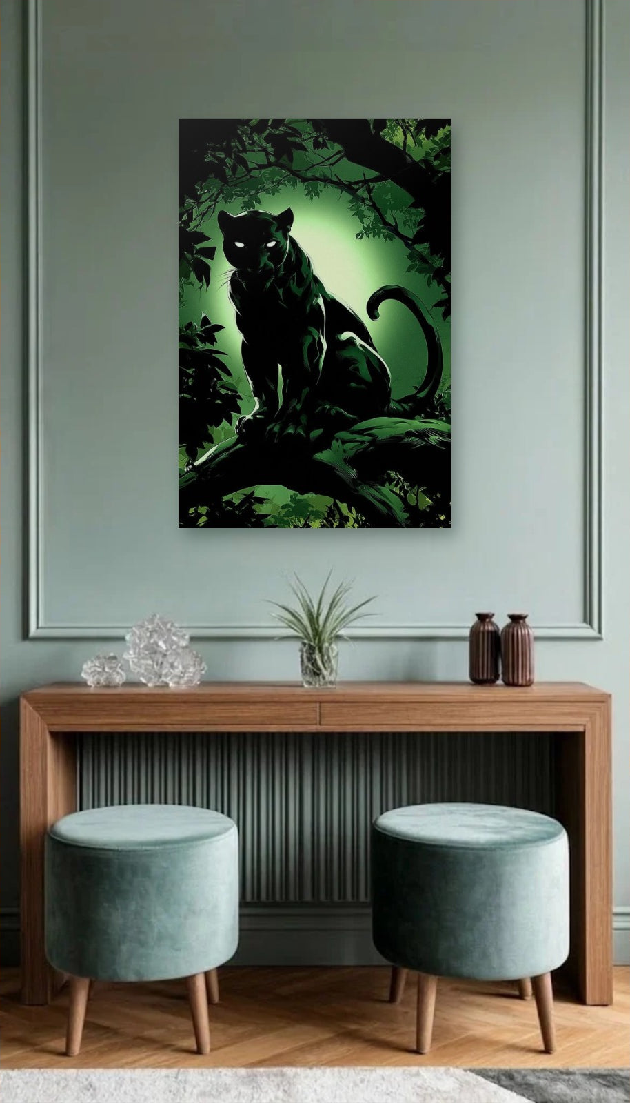 Wild Art acrylic wall art above a wooden console