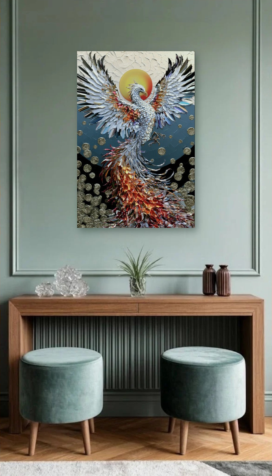 Wild Art acrylic wall art above a wooden console