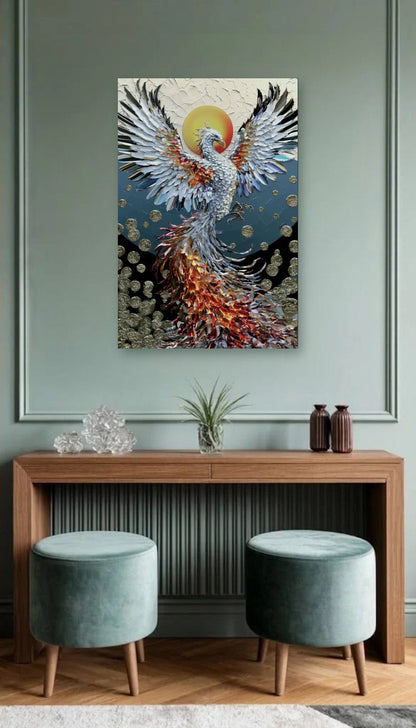 Wild Art acrylic wall art above a wooden console