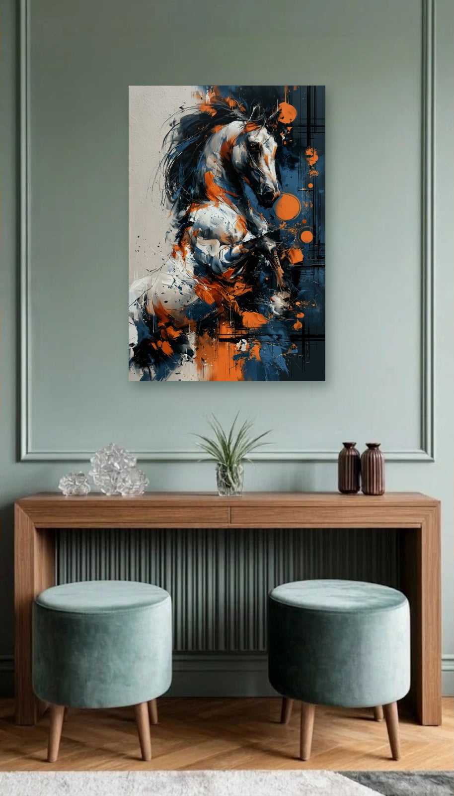 Wild Art acrylic wall art above a wooden console