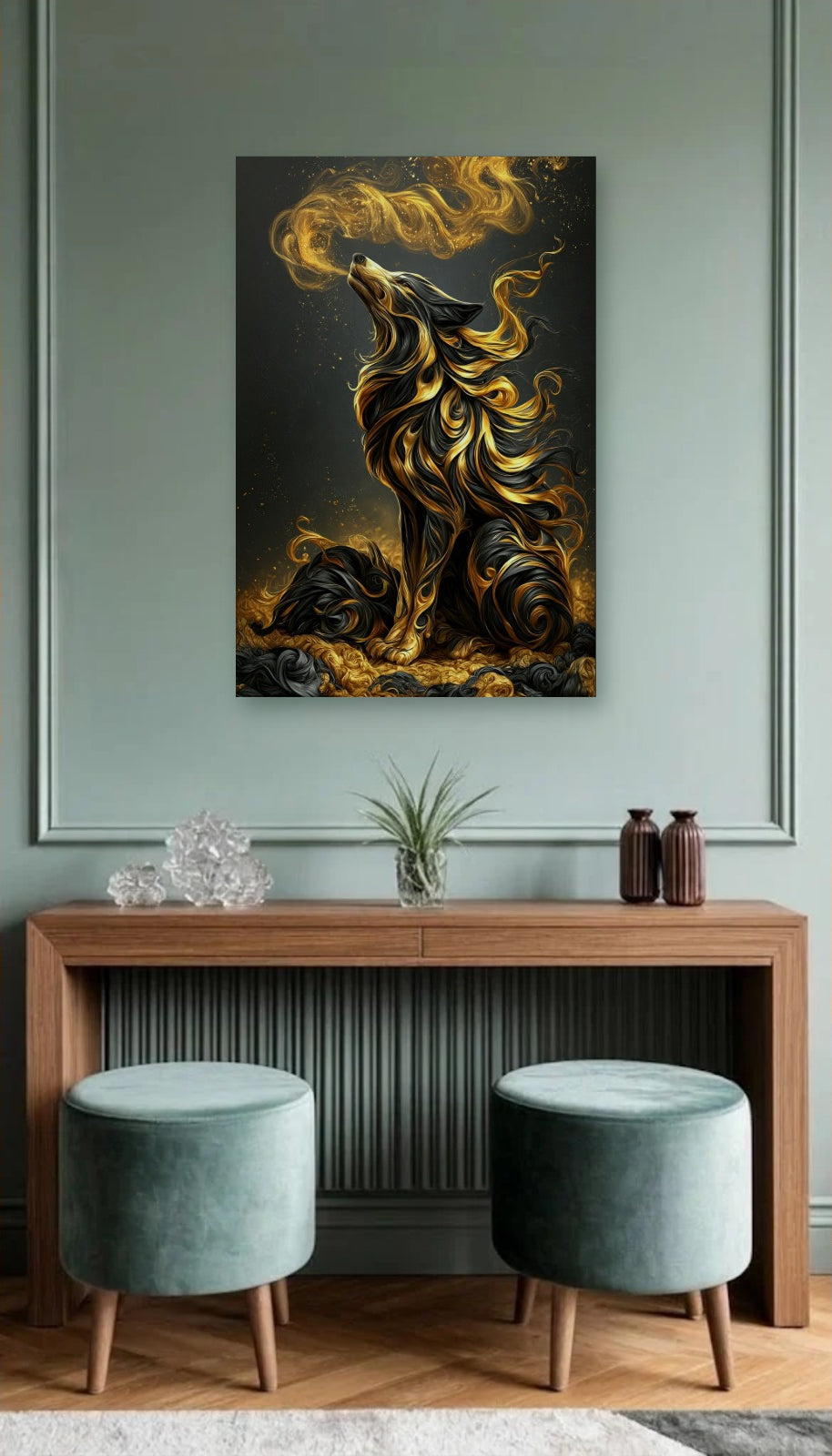 Wild Art acrylic wall art above a wooden console
