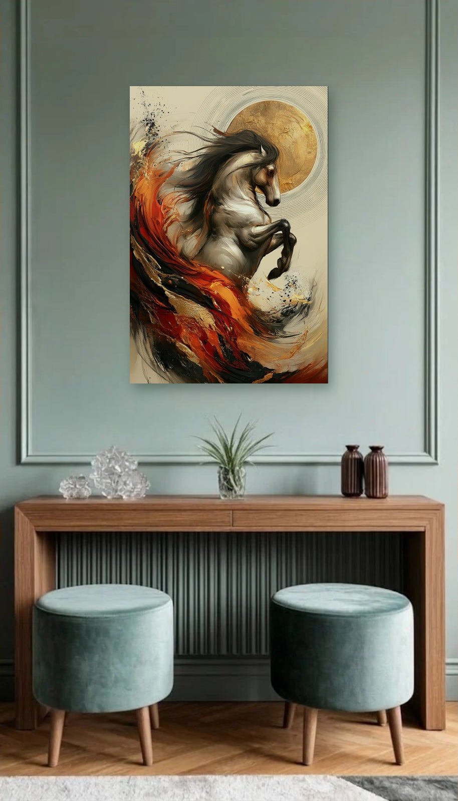 Wild Art acrylic wall art above a wooden console