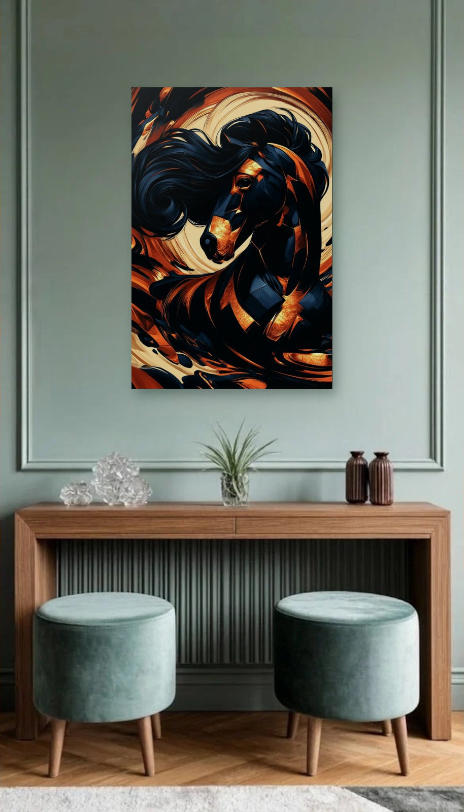 Wild Art acrylic wall art above a wooden console