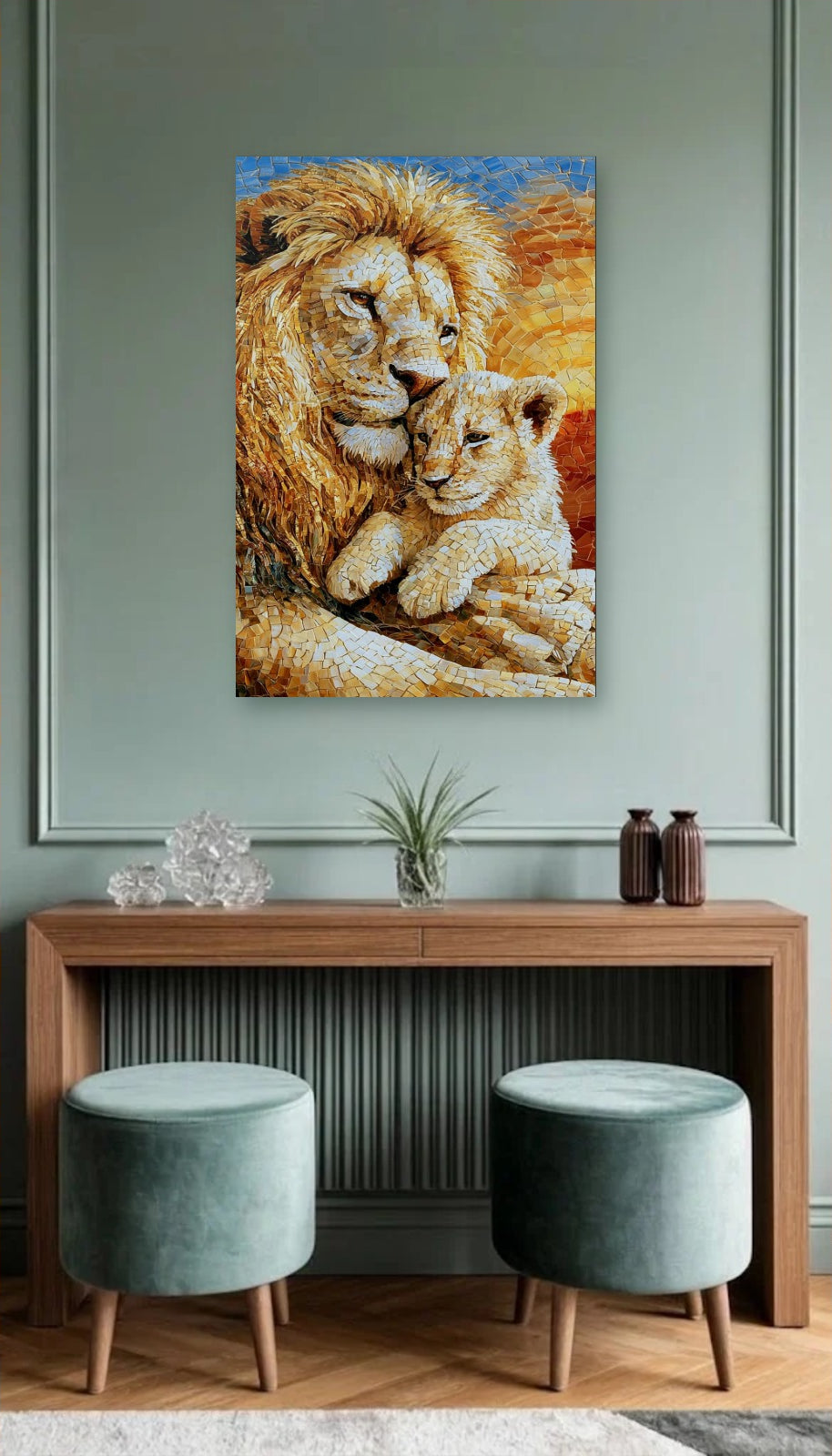 Wild Art acrylic wall art above a wooden console